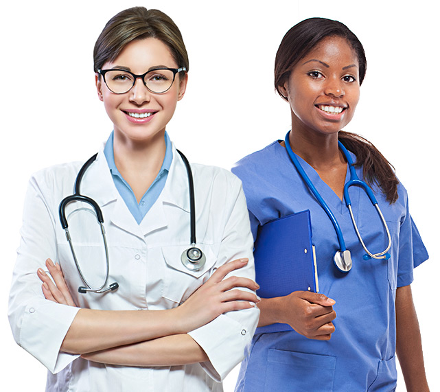 Portrait of glad smiling doctor in white uniform standing with crossed hands isolated on white background