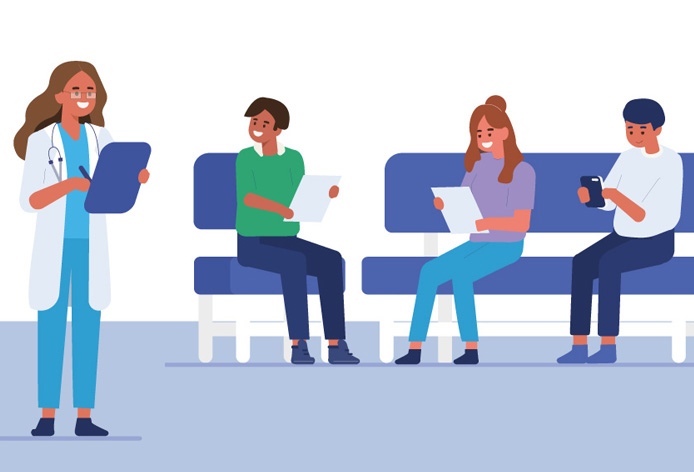 Hospital reception vector illustration. Cartoon flat patient characters waiting doctors appointment, older hospitalized woman and man come to receptionist desk. Healthcare medicine office background