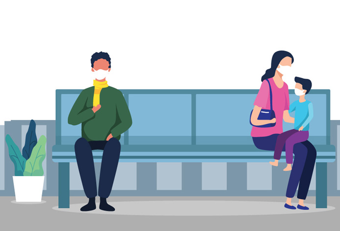 Hospital reception vector illustration. Cartoon flat patient characters waiting doctors appointment, older hospitalized woman and man come to receptionist desk. Healthcare medicine office background