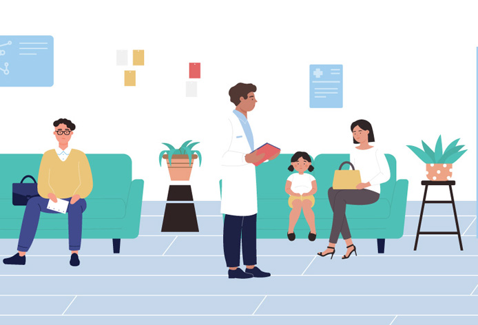 Hospital reception vector illustration. Cartoon flat patient characters waiting doctors appointment, older hospitalized woman and man come to receptionist desk. Healthcare medicine office background